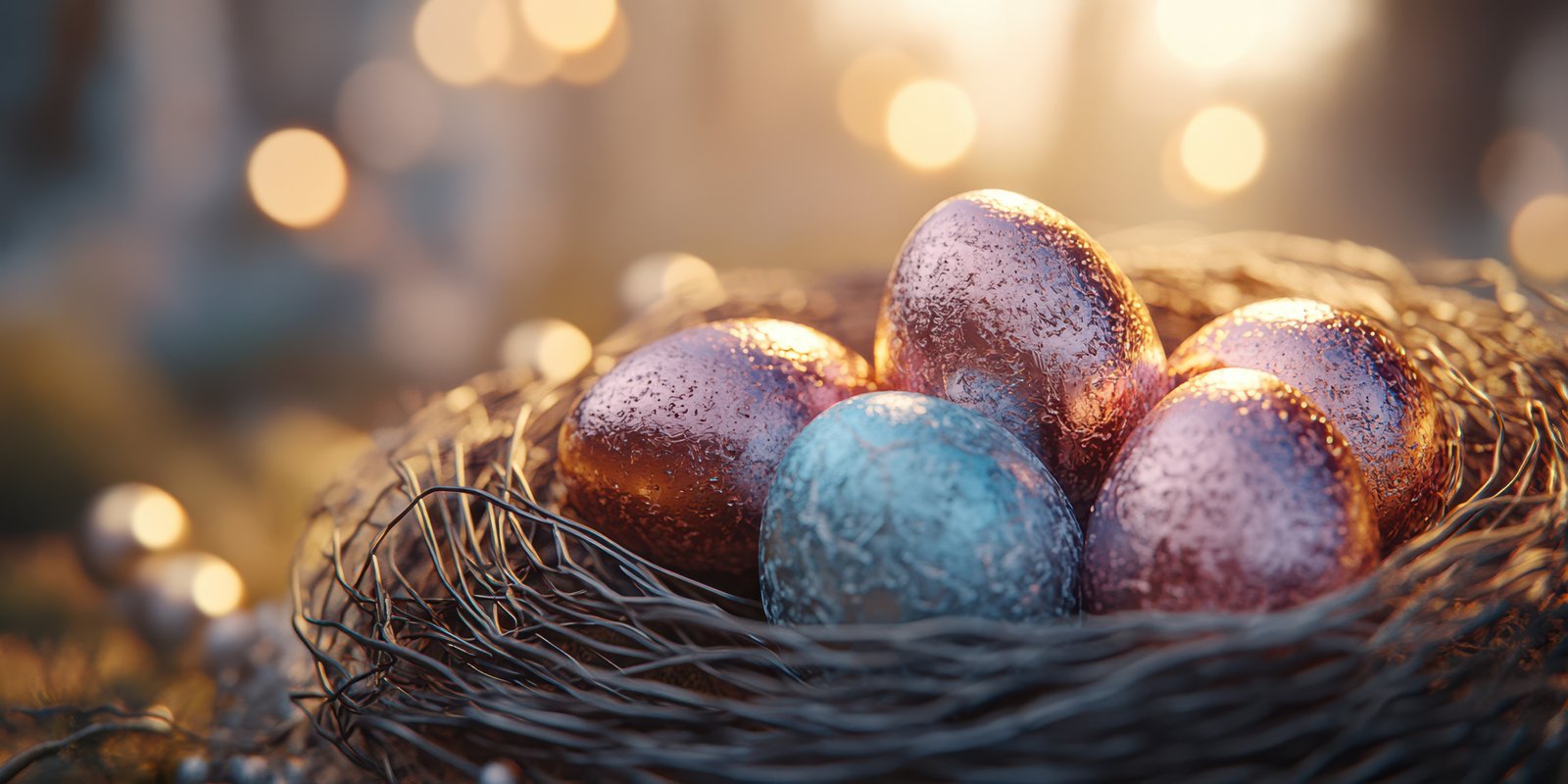 Sparkling decorated eggs nestled in a rustic nest illuminated by warm light during a festive spring celebration